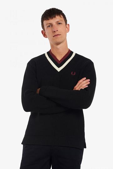 Fred Perry Raidallinen V-Neck Jumper Miesten Neuleet Mustat | FI 1727TCEV